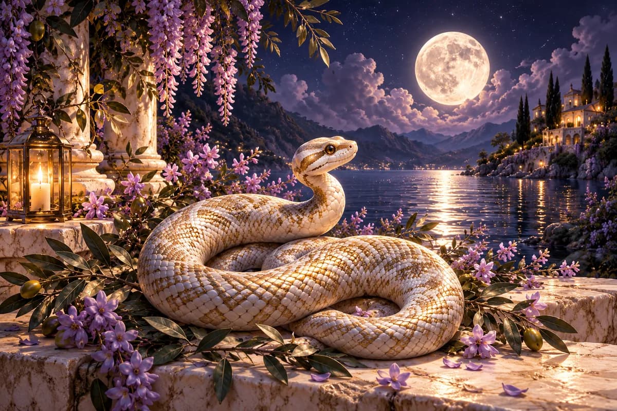 Ilustrație: șerpi în peisaj nocturn